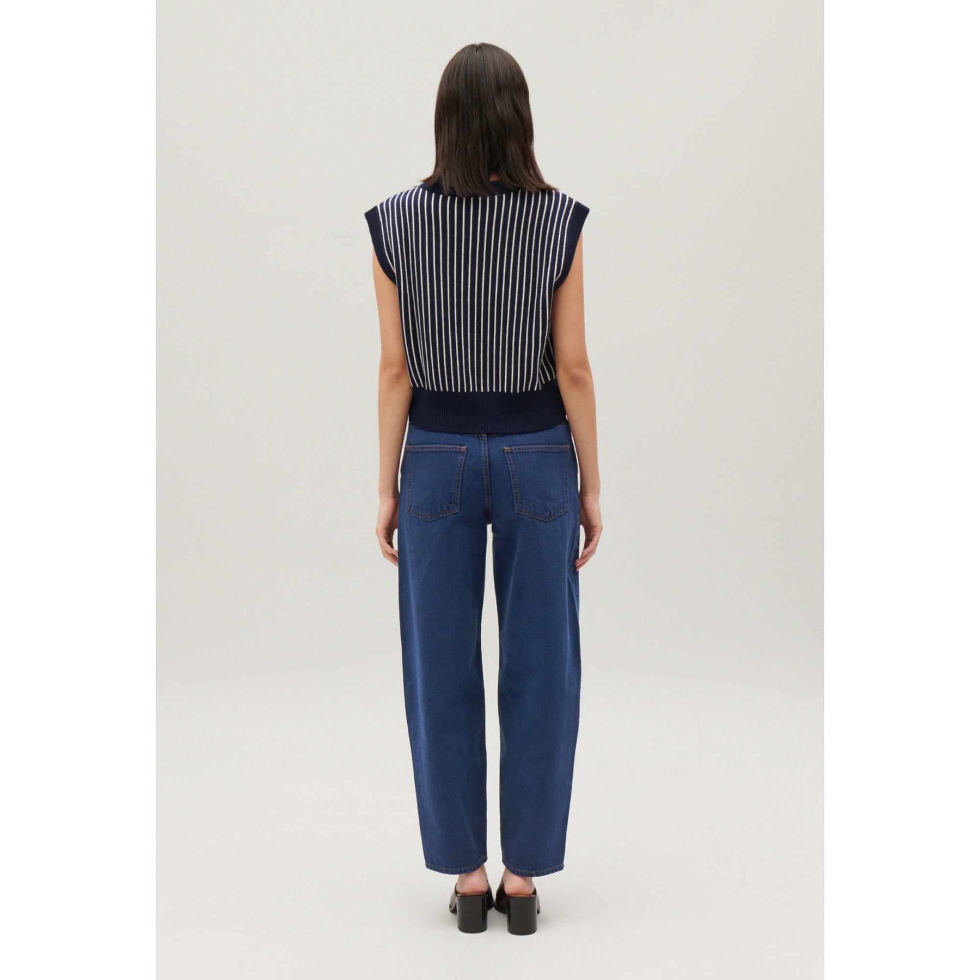 Women Sleeveless Stripy Knit Jumper - Navy