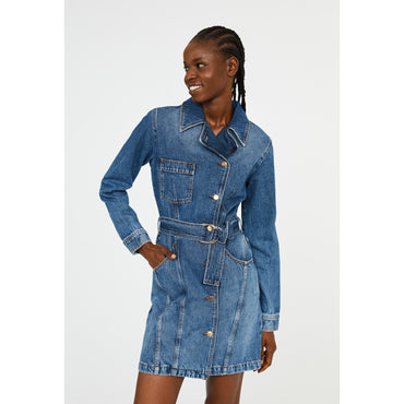 Women Robe Bleue Courte - Denim Bleu