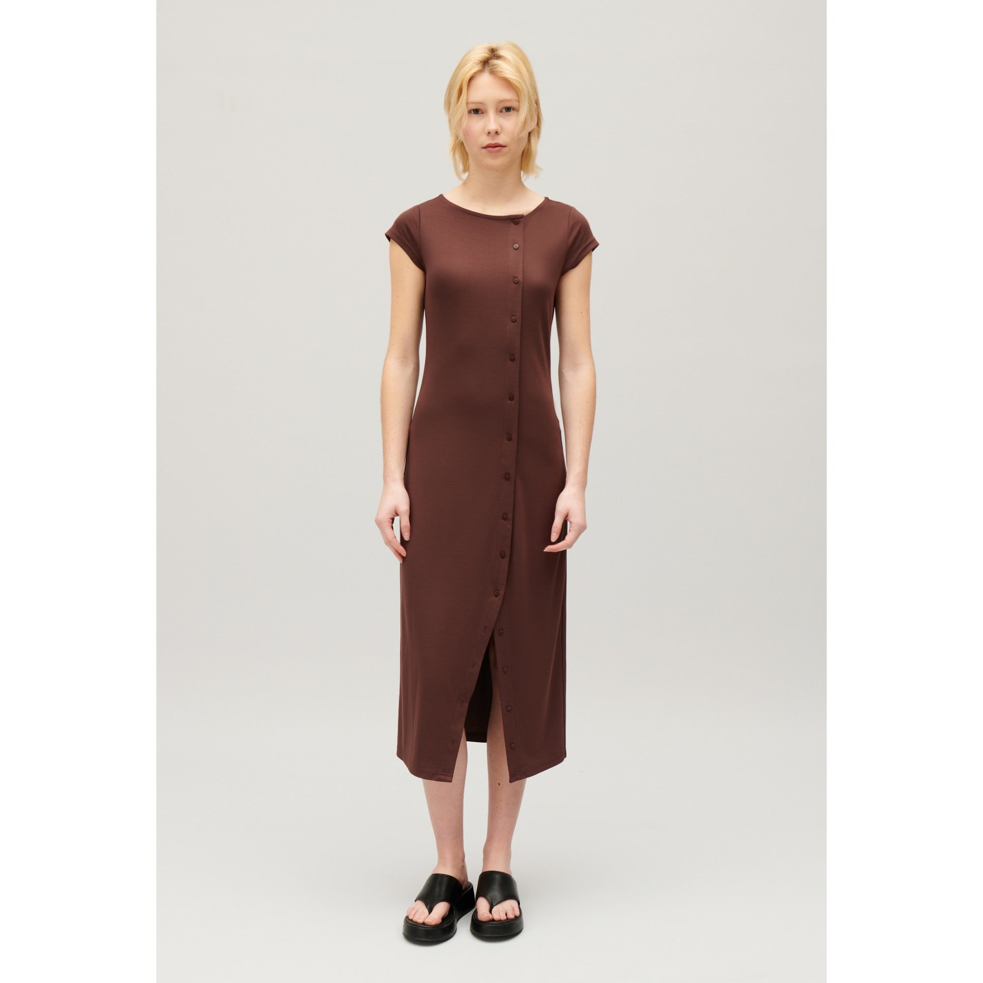 Women Black Asymmetric Button-Up Midi Dress - Brown