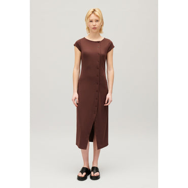 Women Black Asymmetric Button-Up Midi Dress - Brown