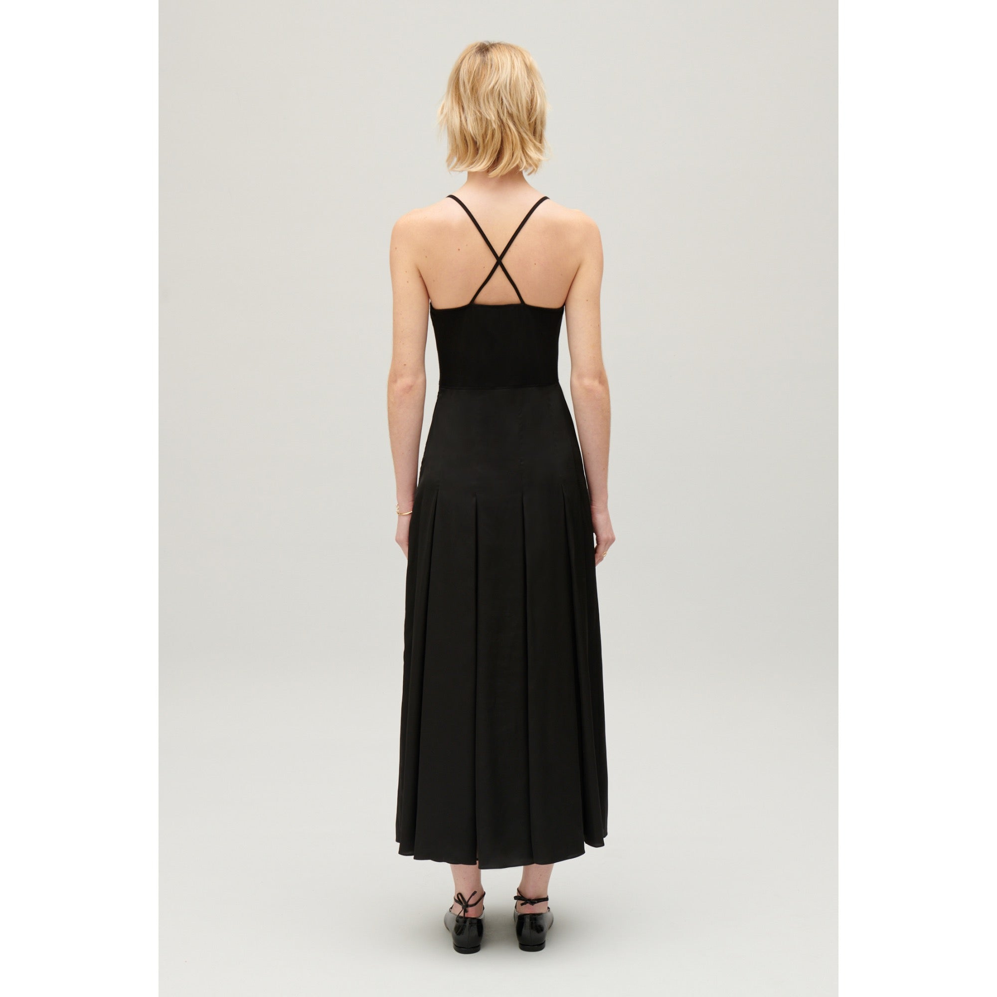Women Black Midi Dress With Crossover Back - Black