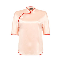 Women Mandarin Collar Short Sleeve Blouse - Nude