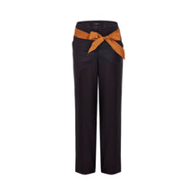 Women Pinstriped Pants With Waist Contrasting Sash - Black