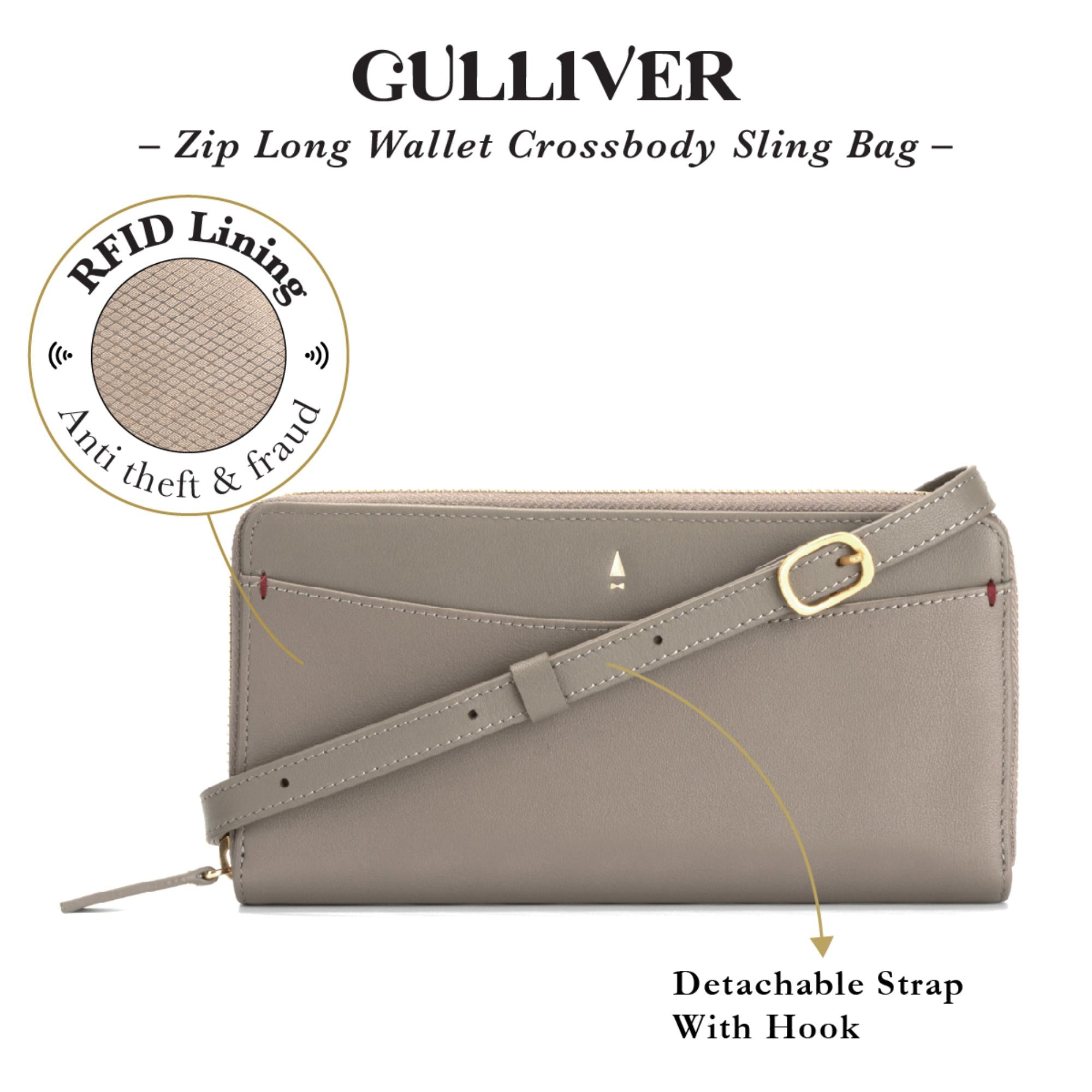 Gulliver Zip Cash Coin Long Wallet Travel Crossbody Sling Phone Bag (RFID USA Nappa Leather) - Beige