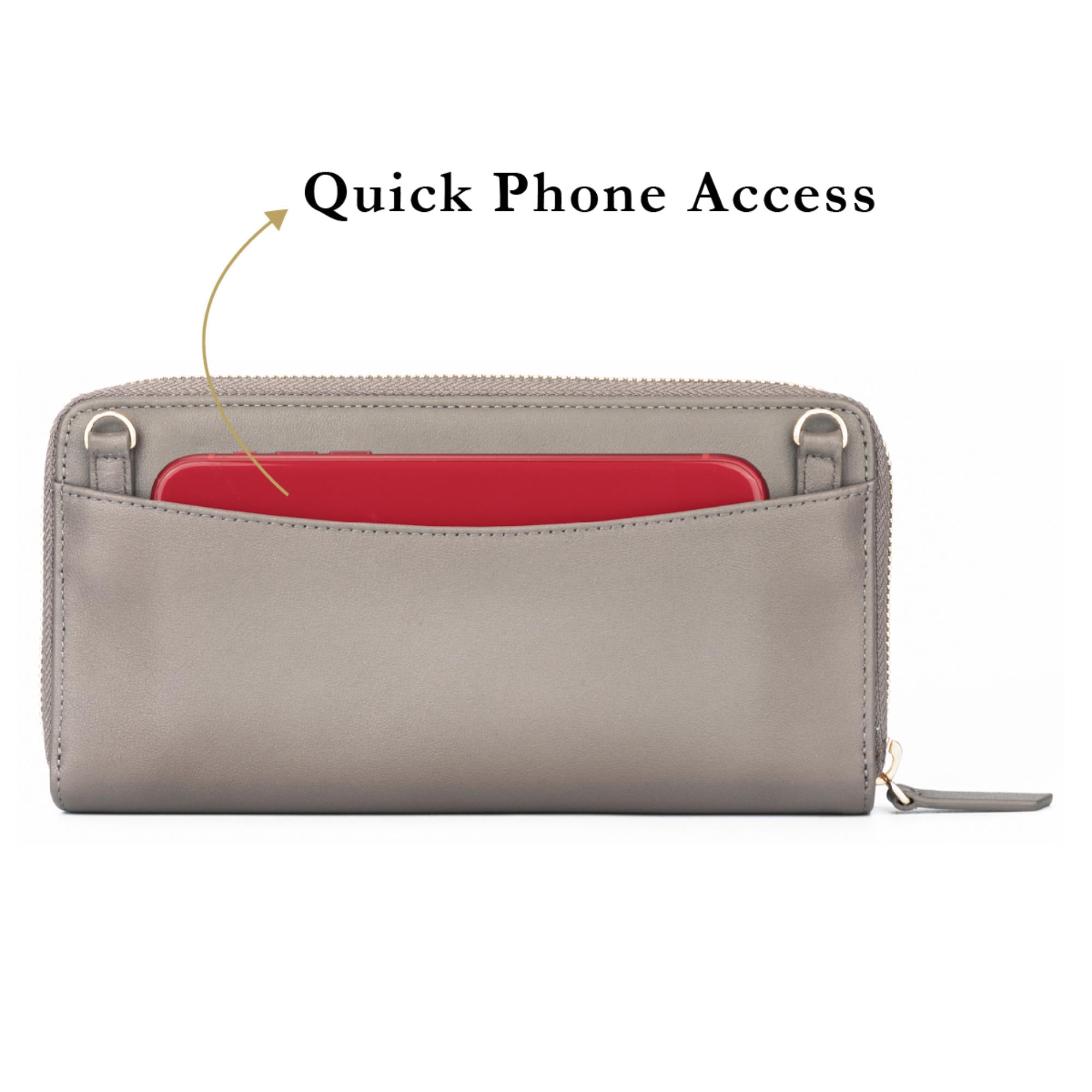 Gulliver Zip Cash Coin Long Wallet Travel Crossbody Sling Phone Bag (RFID USA Nappa Leather) - Taupe Grey