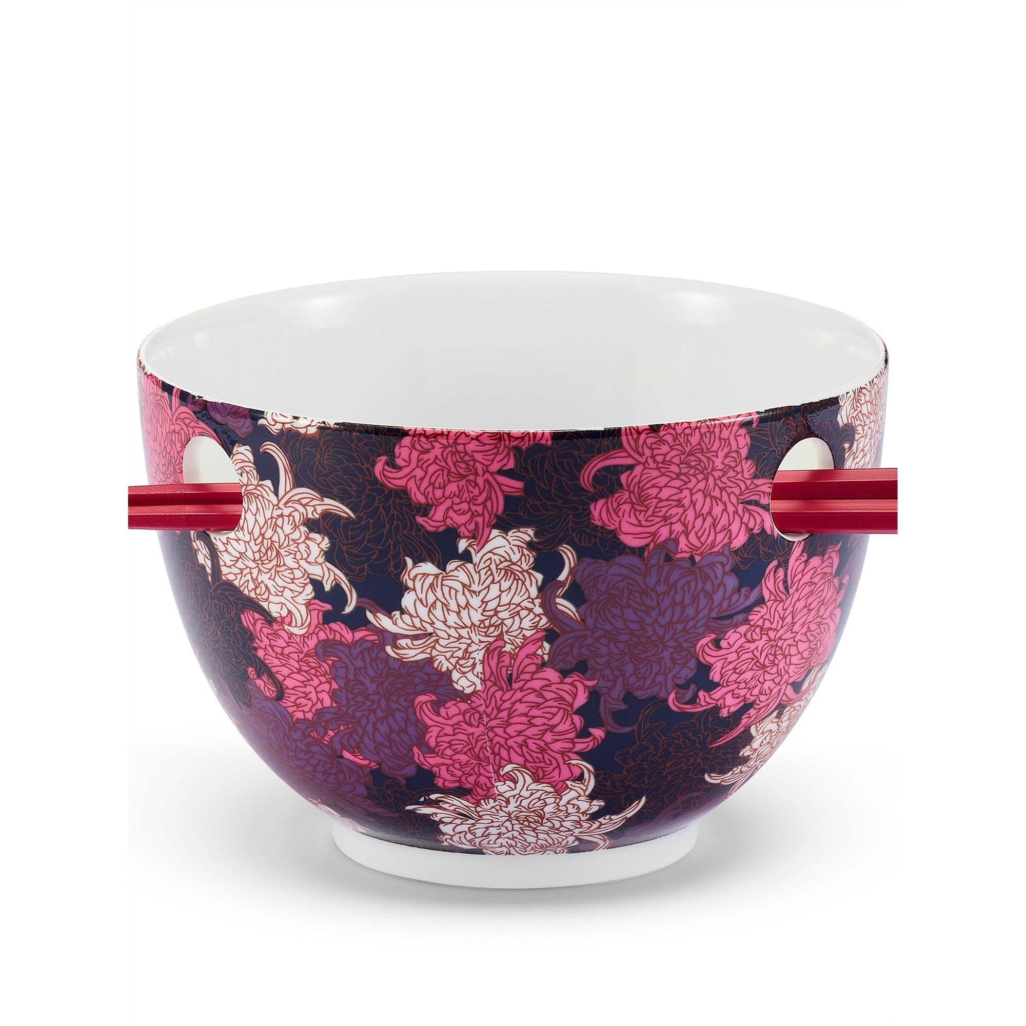 Chrysanthemum Porcelain Bowl And Chopsticks Set - Purple