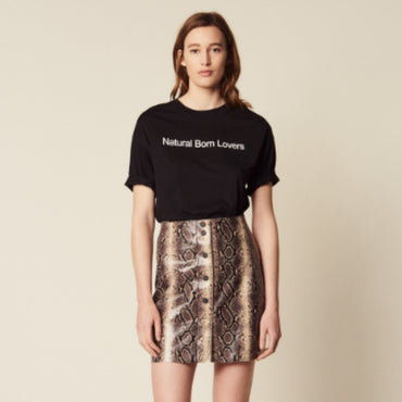 Women Short Python Print Leather Skirt - Python