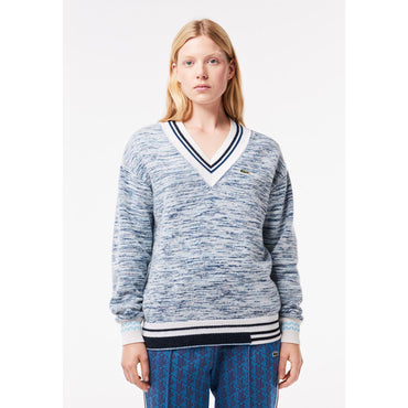 Lacoste Contrast Stripe V Neck Alpaga Sweater - White / Navy Blue / Blue