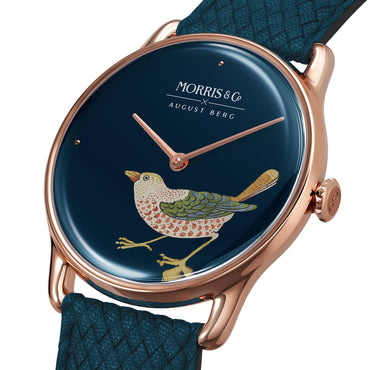 Morris & Co Strawberry Thief Bird Rose Gold Indigo Perlon - 38mm