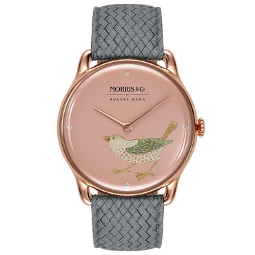 Morris & Co Strawberry Thief Bird Rose Gold Grey Perlon - 38mm