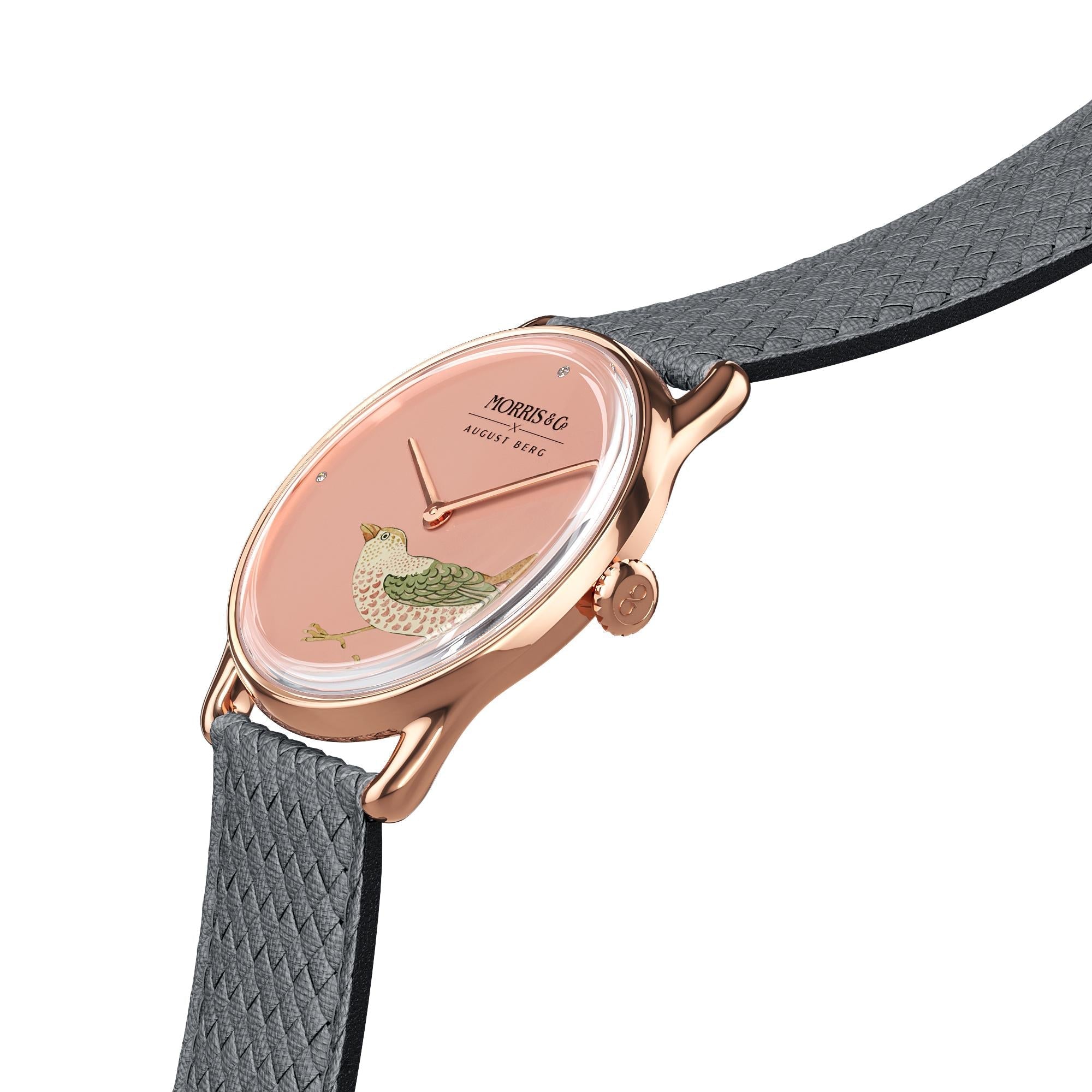 Morris & Co Strawberry Thief Bird Rose Gold Grey Perlon - 38mm