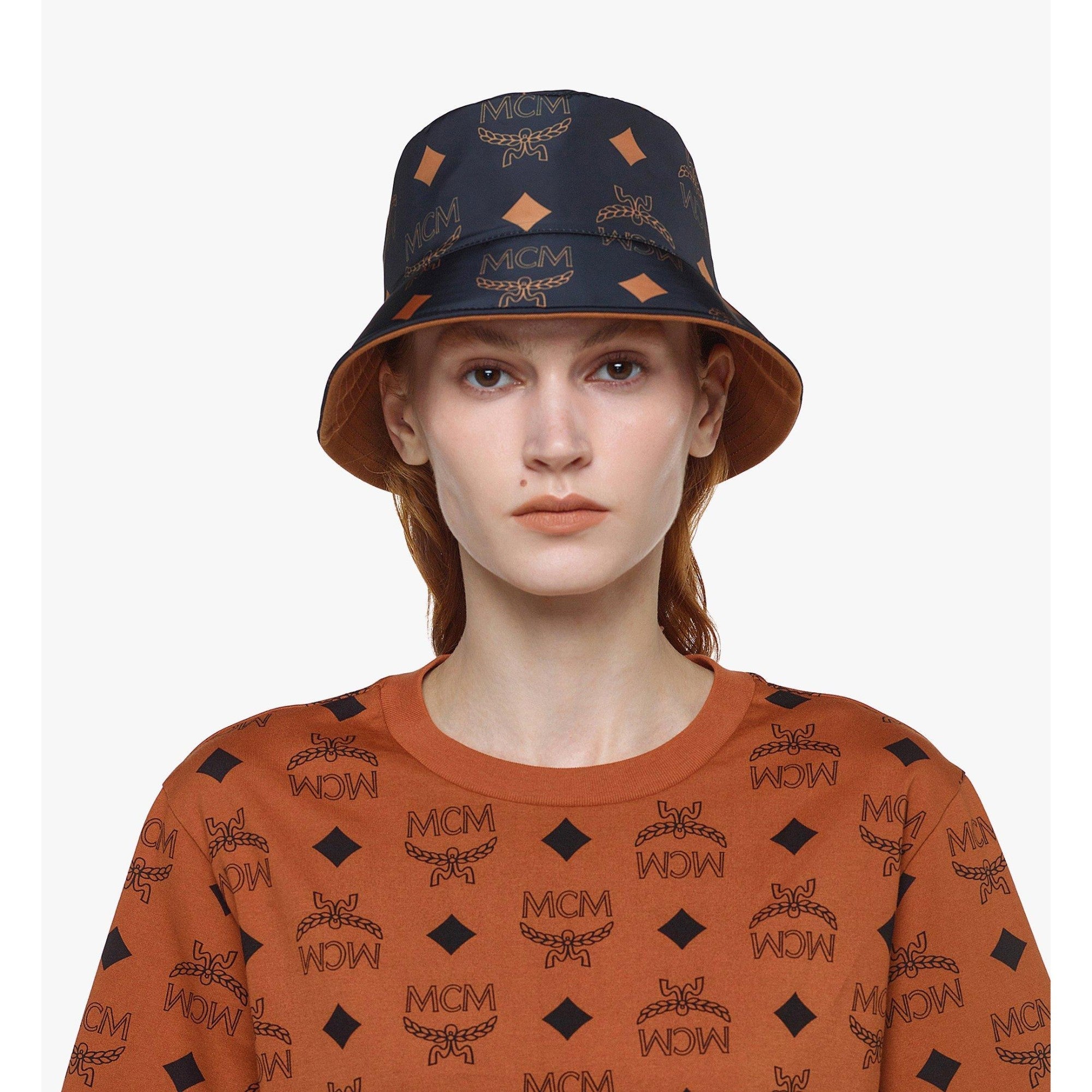 Unisex Reversible Monogram Bucket Hat in Recycled Polyester - Black + Cognac