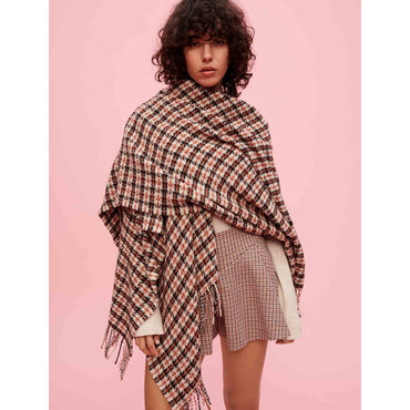 Women Checked Poncho With Fringing - Brown