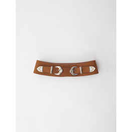 Women Western Suede Belt With Double Buckle - Camel