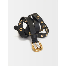 Women Double Eyelet Leather Belt - Black