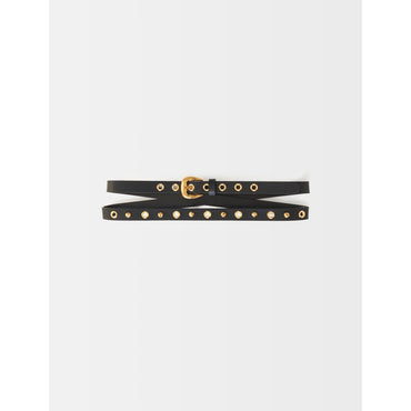 Women Double Eyelet Leather Belt - Black