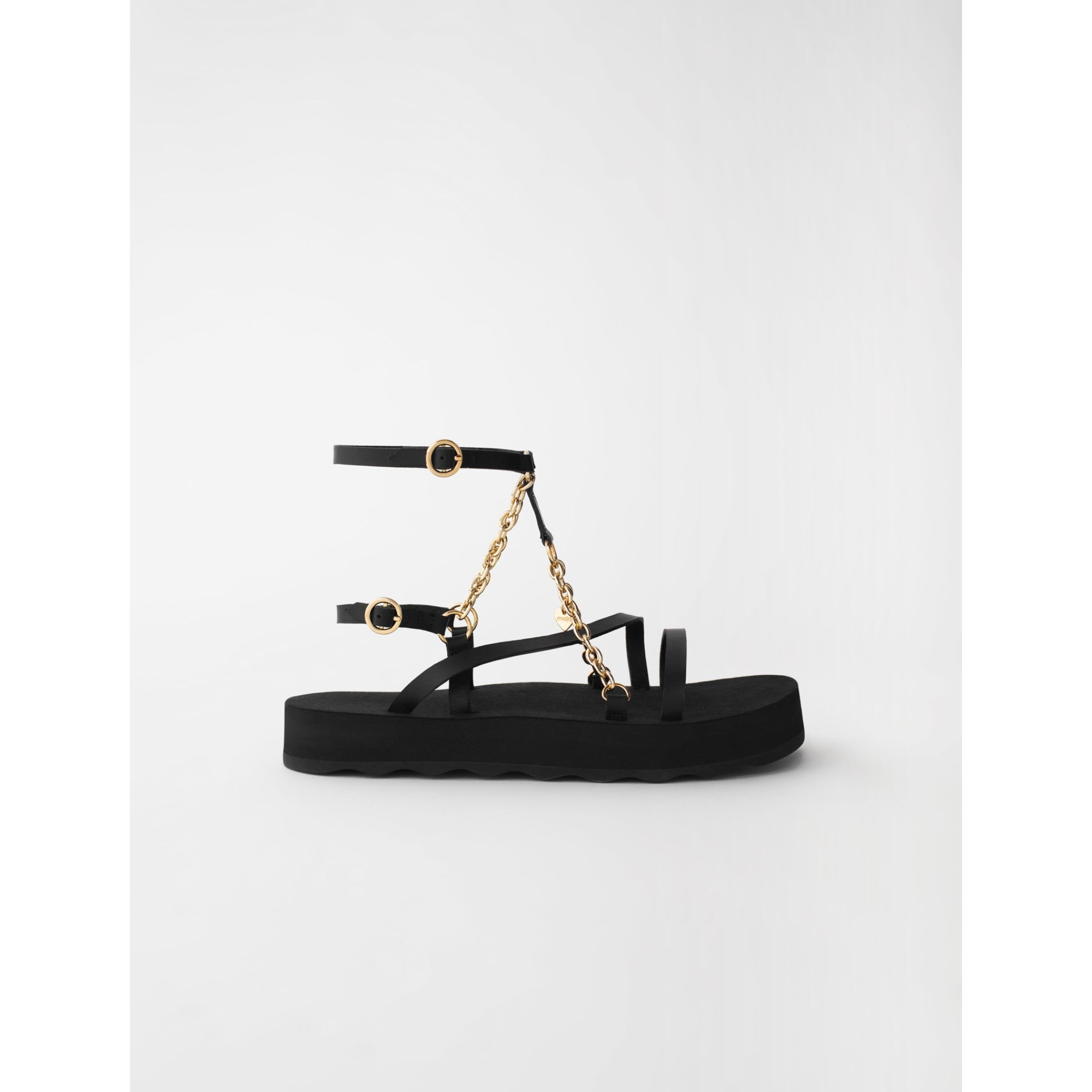 Women Sandals With Leather Straps And Chain - Black