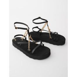 Women Sandals With Leather Straps And Chain - Black