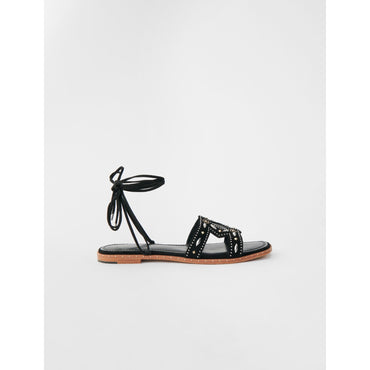 Women Flat Tie Sandals With Studs - Black