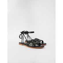 Women Flat Tie Sandals With Studs - Black