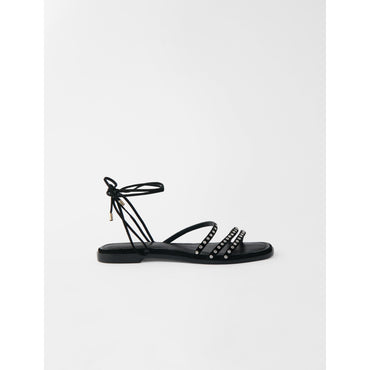 Women Flat Tie Sandals With Rhinestones - Black