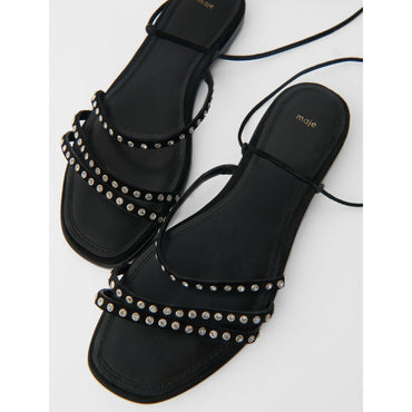 Women Flat Tie Sandals With Rhinestones - Black