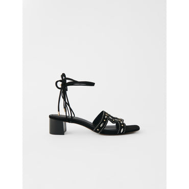 Women Low-Heeled Tie Sandals With Studs - Black