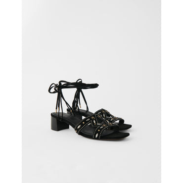 Women Low-Heeled Tie Sandals With Studs - Black