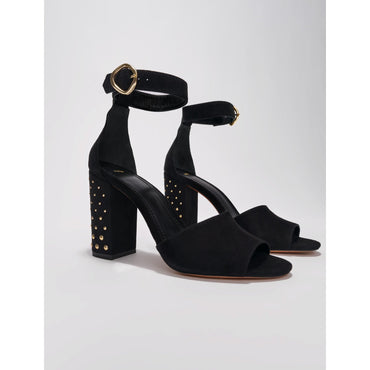 Women Black Suede Sandals With Heels - Black