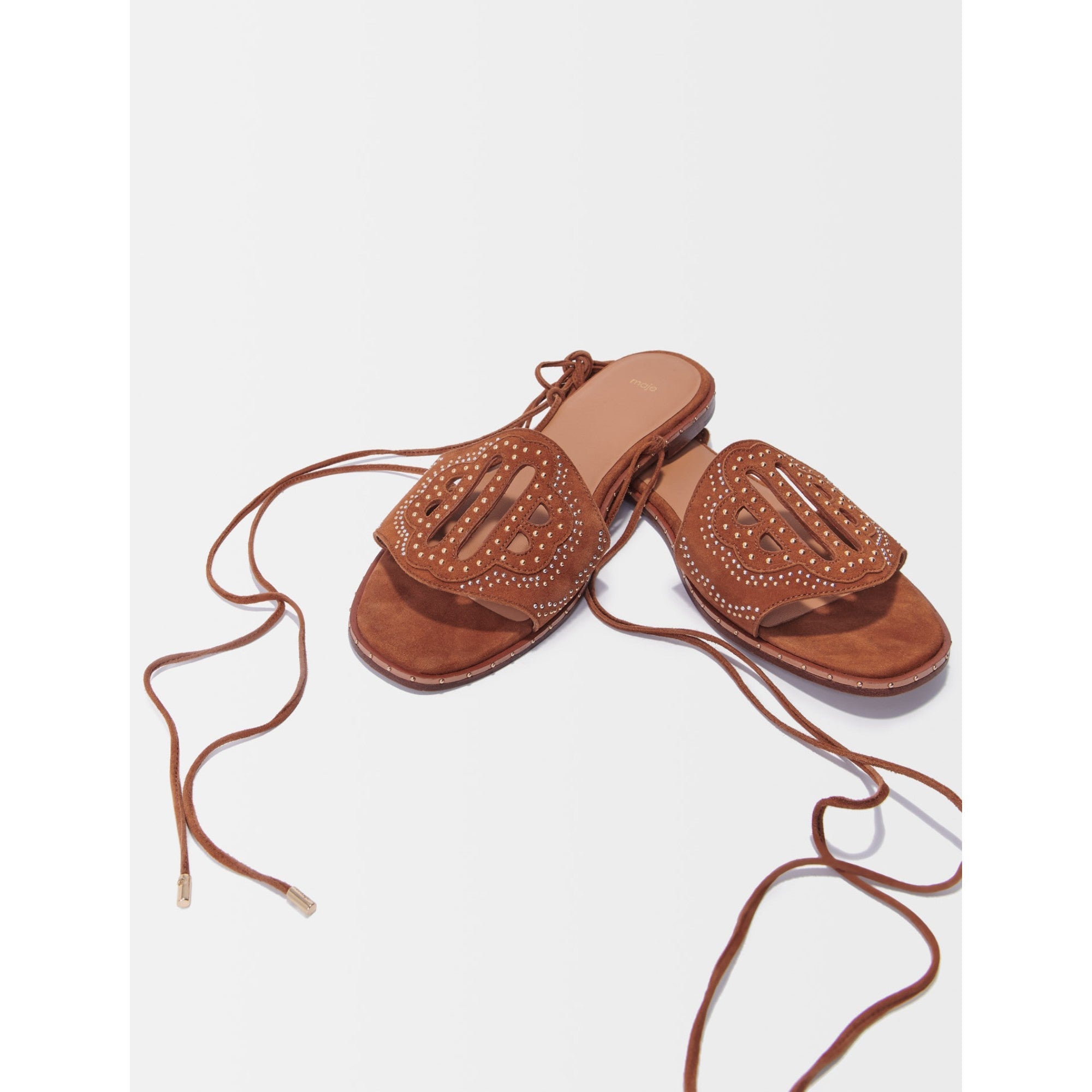 Women Flat Studded Sandals - Camel