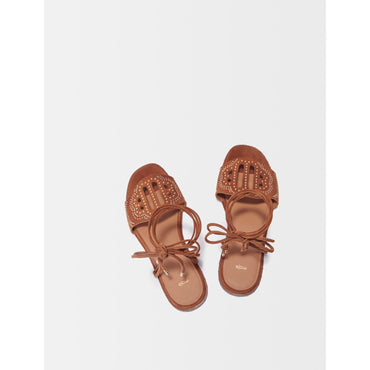 Women Flat Studded Sandals - Camel