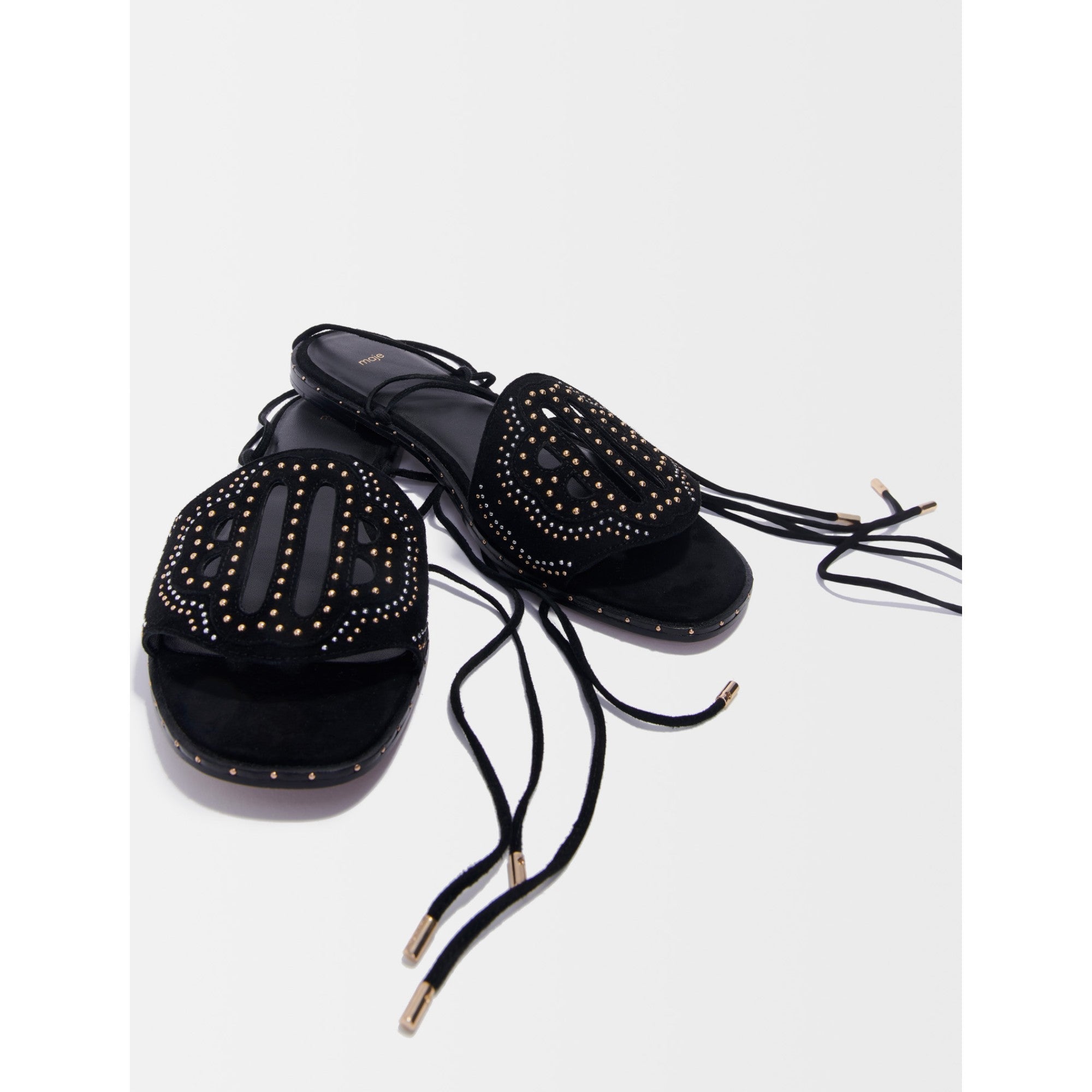 Women Flat Studded Sandals - Black