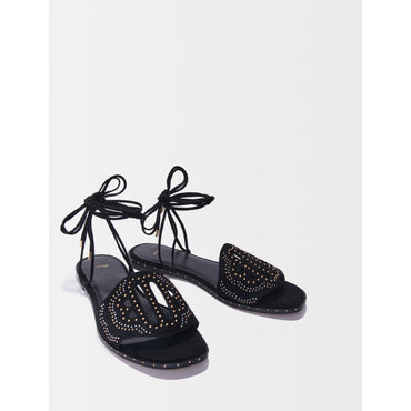 Women Flat Studded Sandals - Black