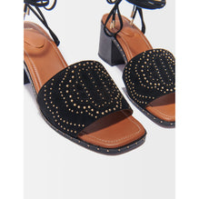 Women Low-Heeled Tie Sandals With Studs - Black