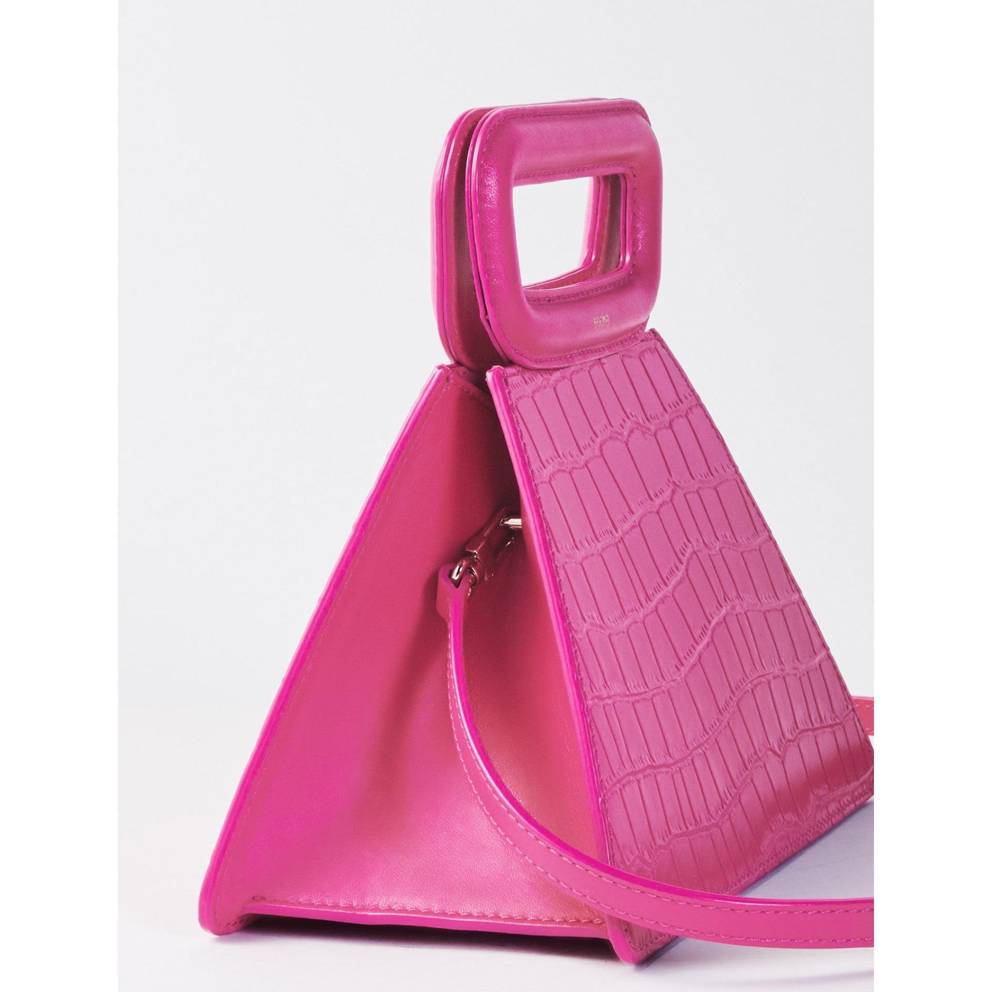 Women Embossed Leather Pyramid Handle Bag - Fuchsia