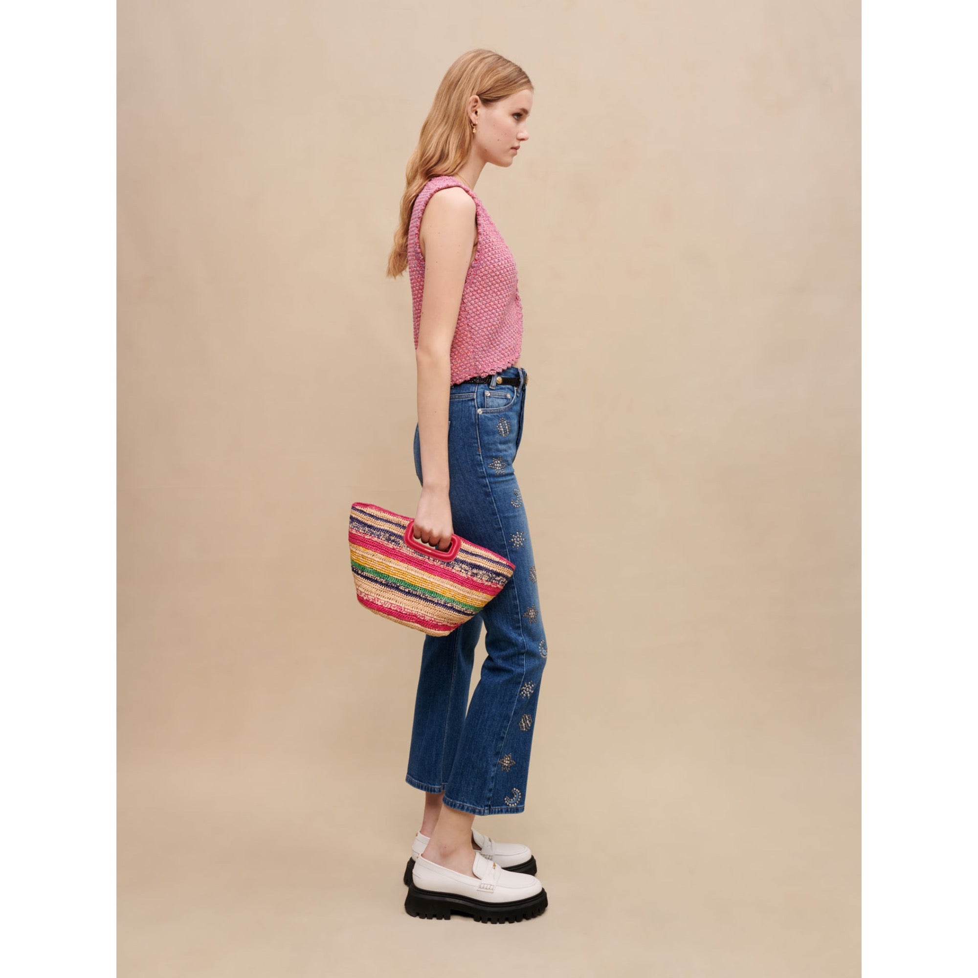 Women Striped Raffia Mini Basket - Fuchsia