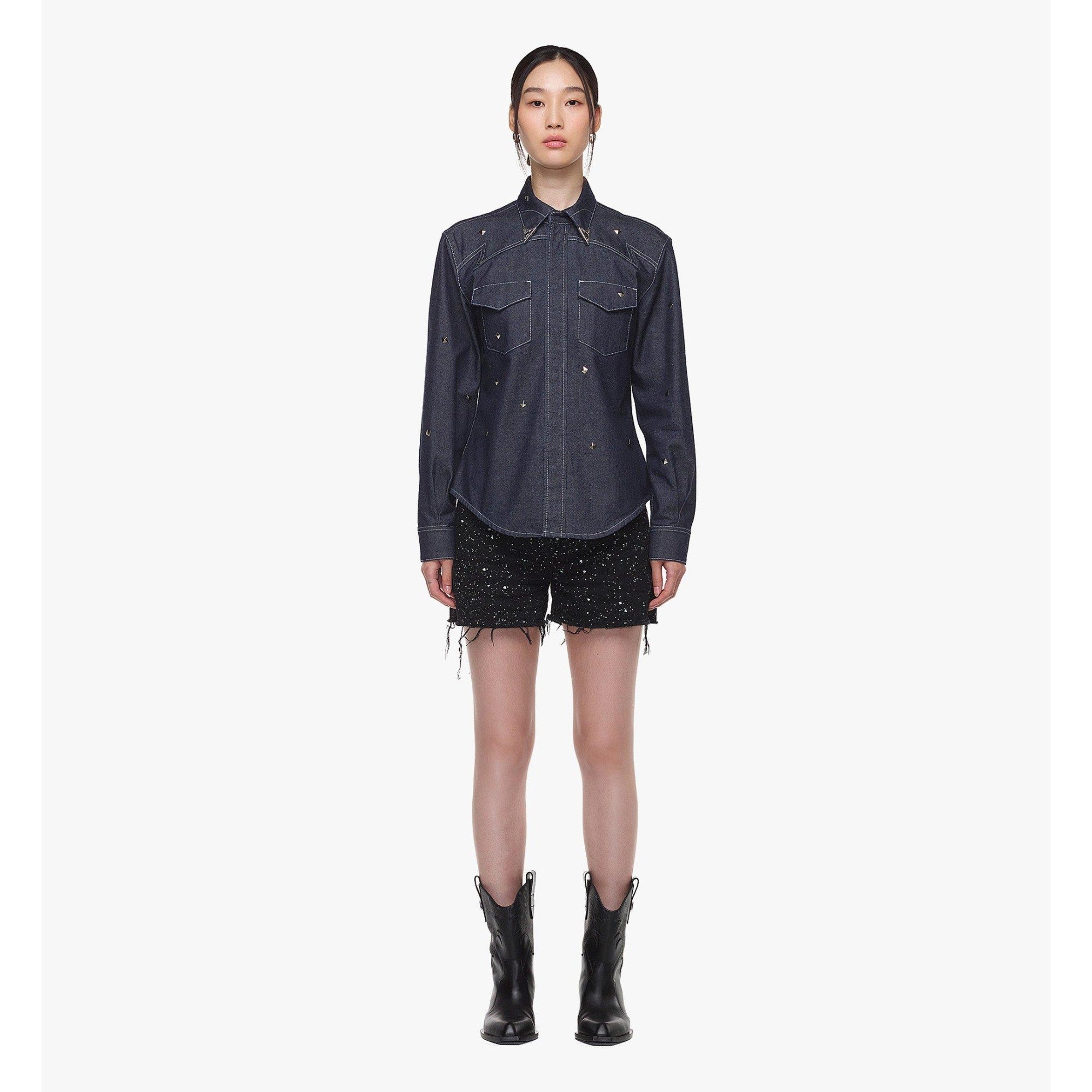 Women Studded Denim Shirt - Indigo