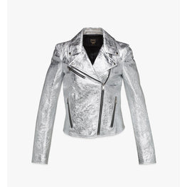 Women Rider Jacket in Metallic Lamb Leather - Silver