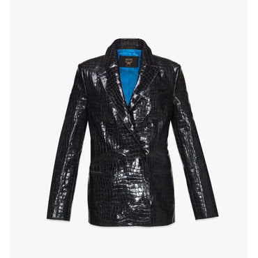 Women Cyberpunk Blazer in Croco-Embossed Patent Leather - Black