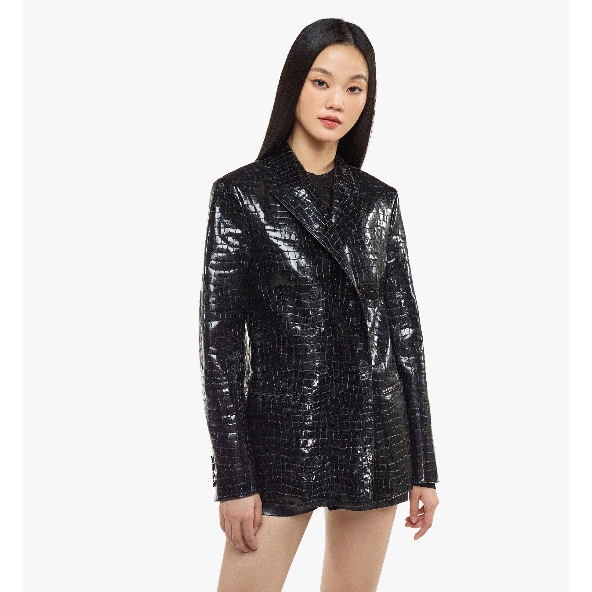 Women Cyberpunk Blazer in Croco-Embossed Patent Leather - Black