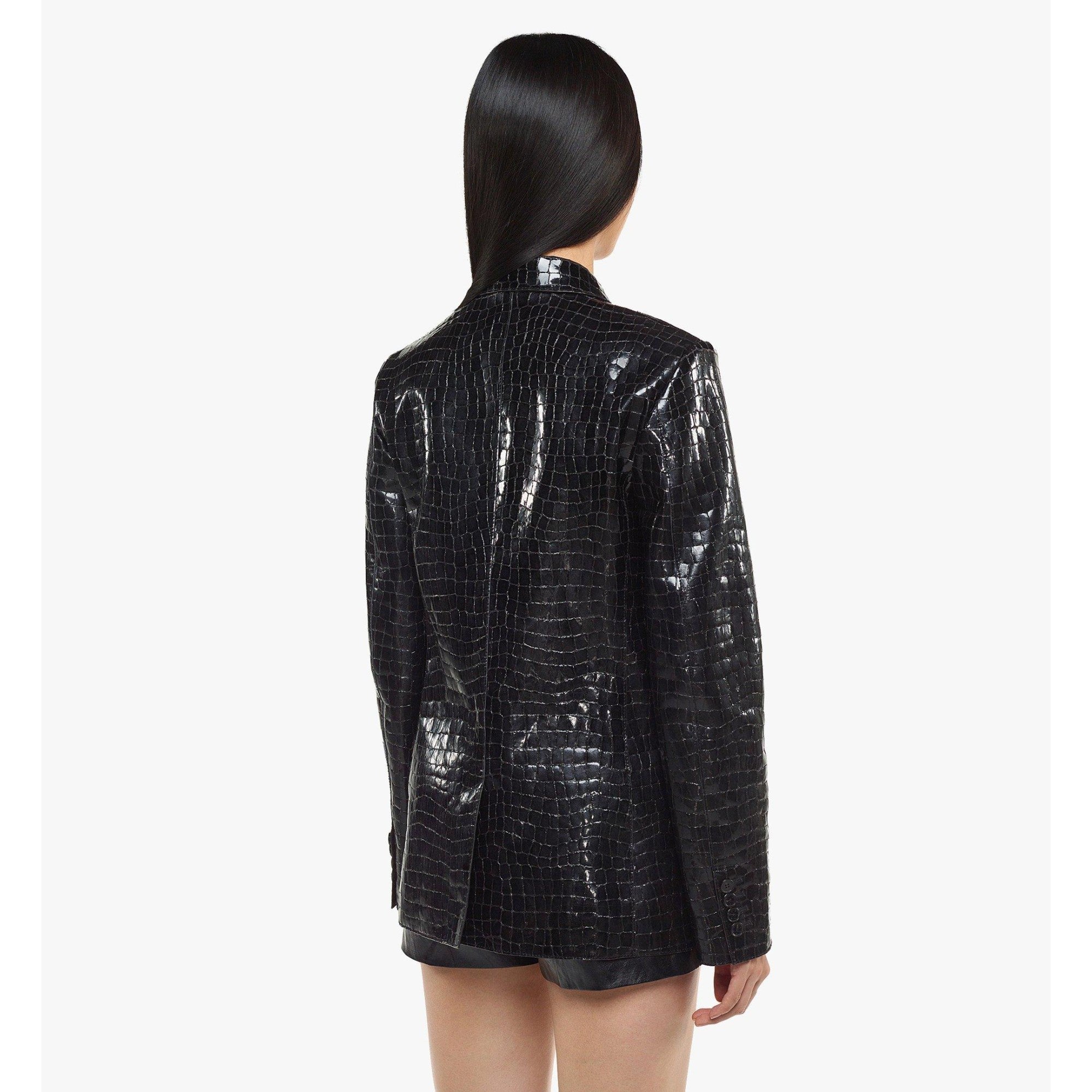 Women Cyberpunk Blazer in Croco-Embossed Patent Leather - Black