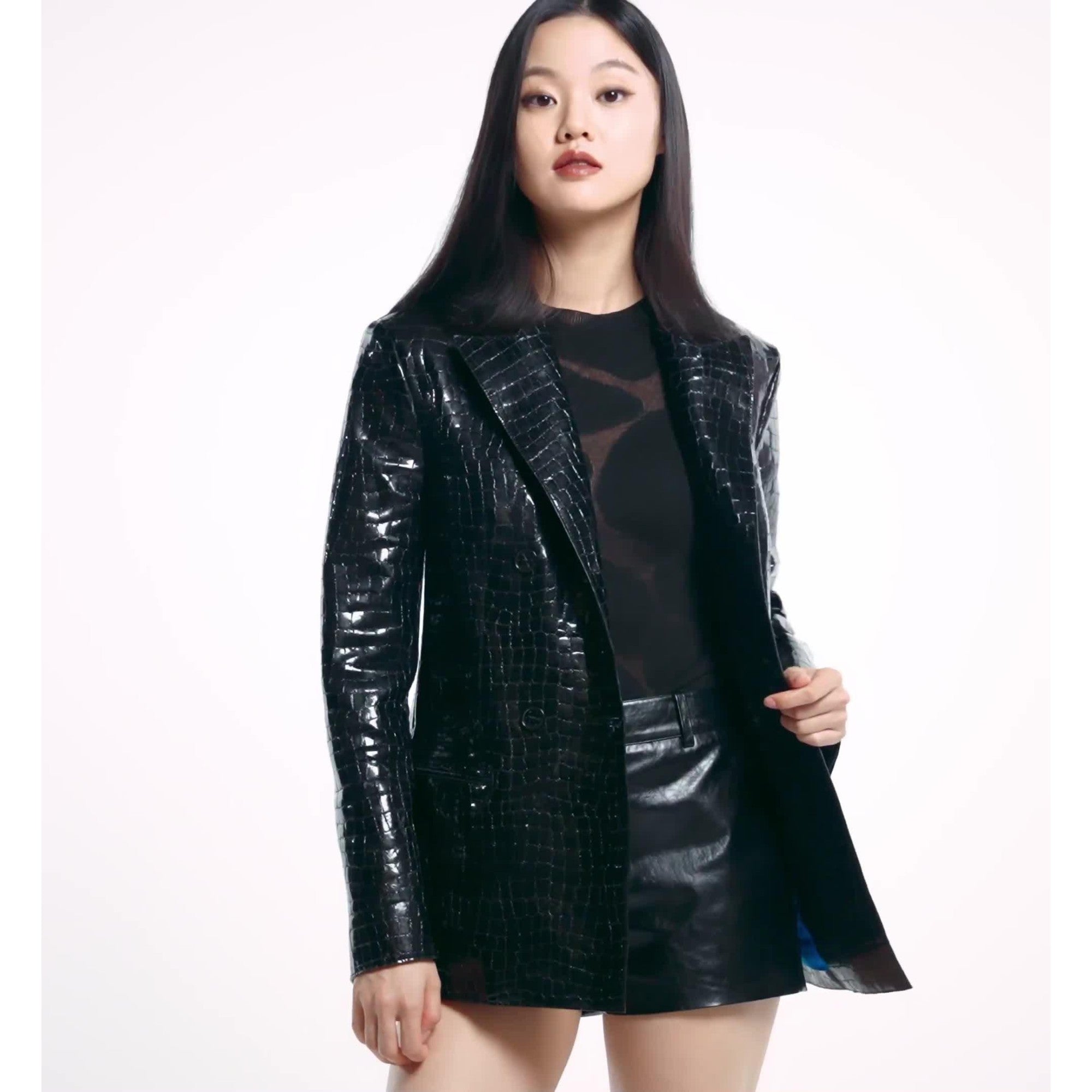 Women Cyberpunk Blazer in Croco-Embossed Patent Leather - Black