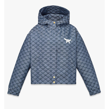 Women Hooded Windbreaker in Lauretos Denim Jacquard - Indigo