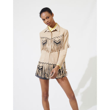 Women Fringed Suede Jacket - Beige