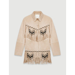 Women Fringed Suede Jacket - Beige