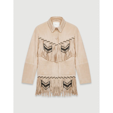 Women Fringed Suede Jacket - Beige