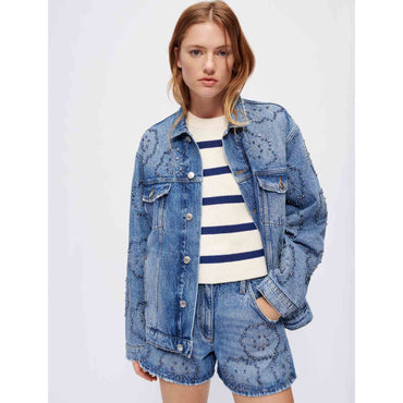 Women Wide Denim Jacket With Rhinestones - Blue