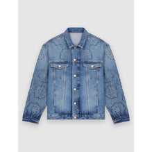 Women Wide Denim Jacket With Rhinestones - Blue