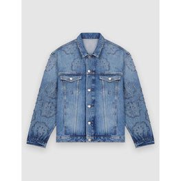 Women Wide Denim Jacket With Rhinestones - Blue