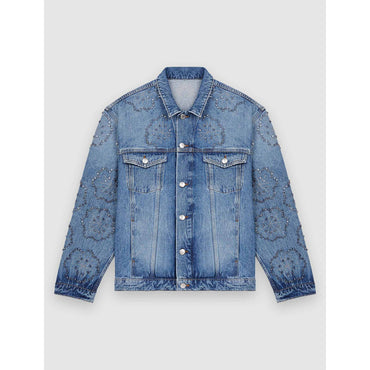 Women Wide Denim Jacket With Rhinestones - Blue